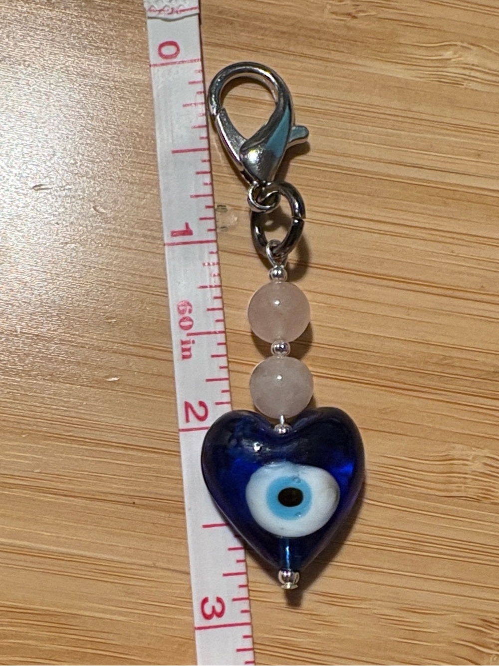 Handcrafted Rose Quartz Evil Eye Heart Glass Charm - Picture 4 of 6
